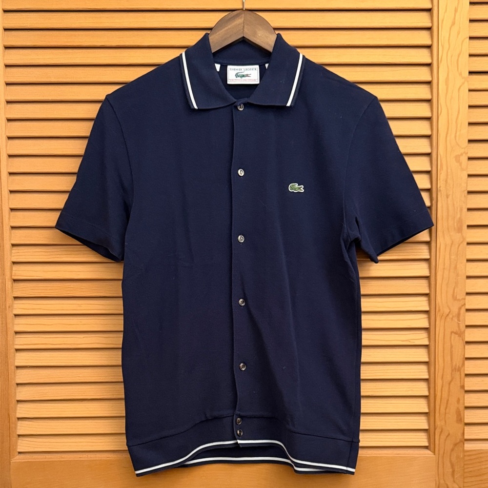 Lacoste Dark Blue Full Button Down Polo with White Accents
